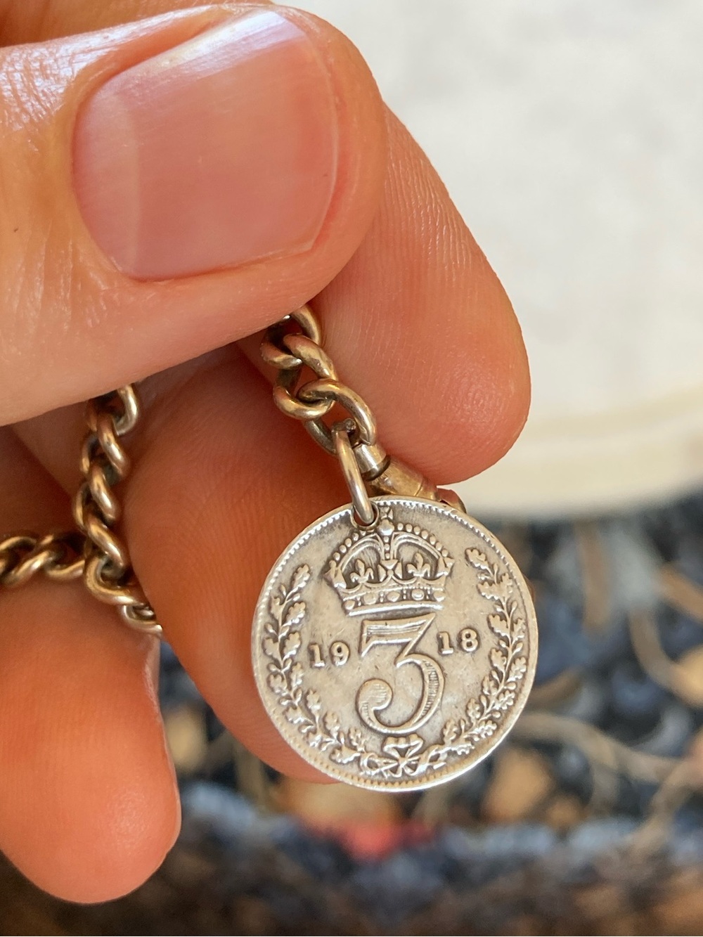 Antique Edwardian 1918 Threepence Coin Sterling Link Bracelet w/Dog Clip Clasp